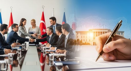 A group of professionals in a meeting, representing trade delegations and government support.