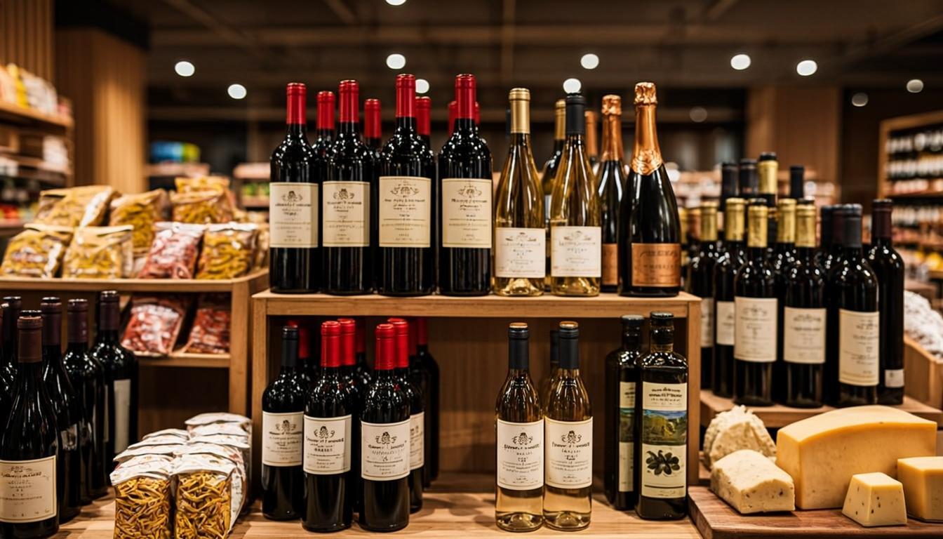 Italian wine and food products displayed in a modern Albanian supermarket