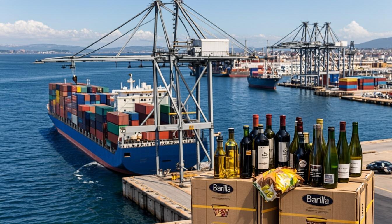 Cargo ship transporting Italian food products across the Adriatic Sea to Albanian ports