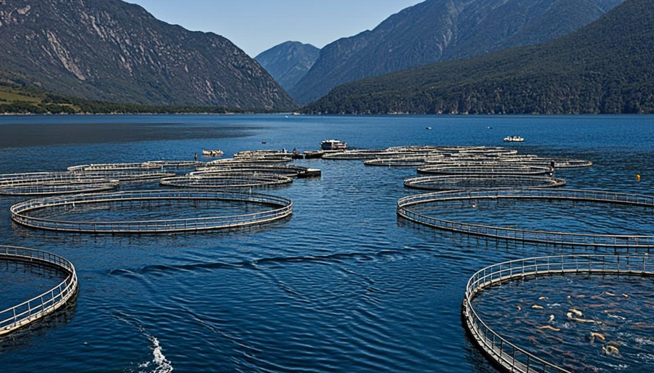 Modern Salmon Aquaculture Farm in Nordic Fjord Setting