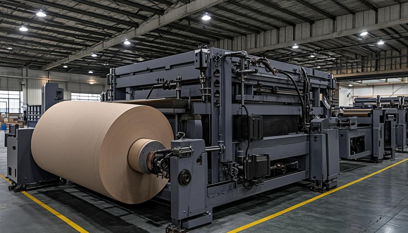 PE coated cupstock board production line in a Turkish paper manufacturing facility showing automated coating machinery and large paperboard rolls