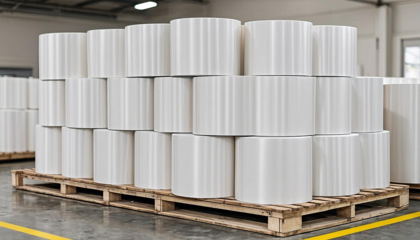 PE coated cupstock paperboard rolls stored on pallets in a warehouse ready for export, showing white glossy coated paperboard material used for paper cup manufacturing
