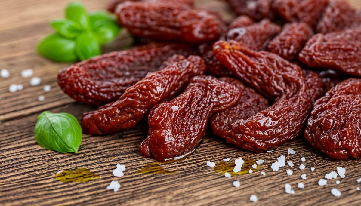 Premium quality sun-dried tomatoes arranged with fresh basil and olive oil on a rustic wooden surface, representing the Mediterranean dried tomato products imported into Germany