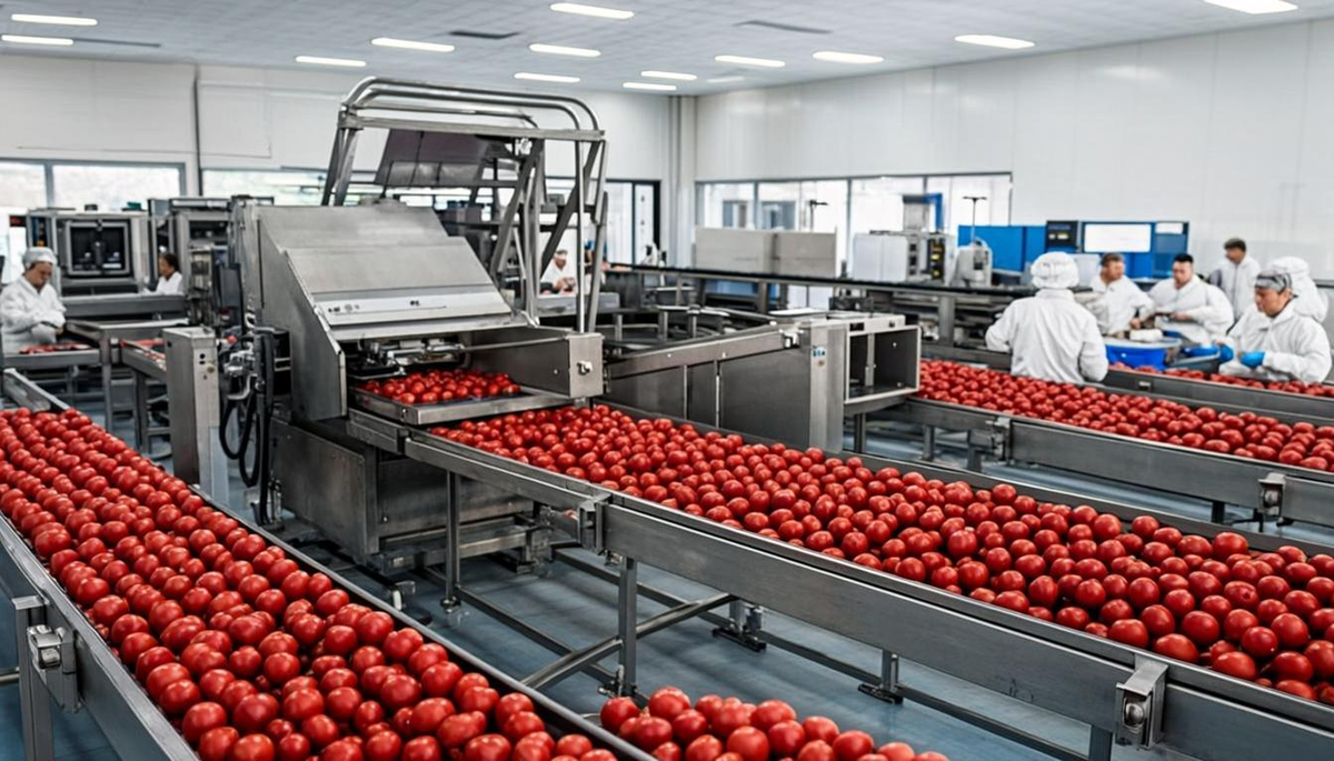 Modern German food processing facility with stainless steel equipment and quality control laboratory for dried tomato products