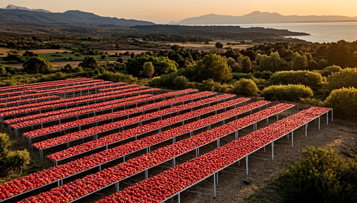 Aerial view of Mediterranean sun-dried tomato production farm with tomatoes drying on racks under warm sunshine, showcasing the traditional drying process