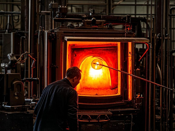 Glass manufacturing furnace with molten glass during industrial production