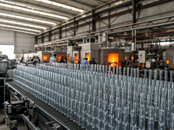 Glass rods on production line in a glass manufacturing facility