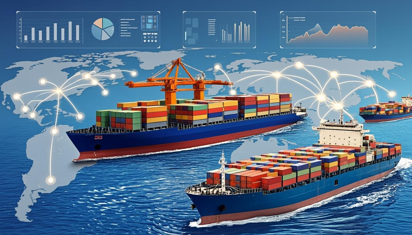 Kazakhstan international trade logistics network showing cargo ships container ports and global shipping routes connecting Central Asia to world markets