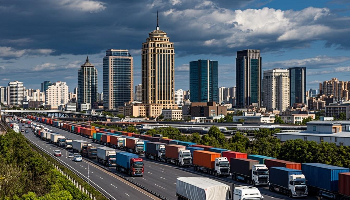 Kazakhstan Astana modern skyline showing trade logistics infrastructure including trucks trains oil pipelines and industrial economic development zones