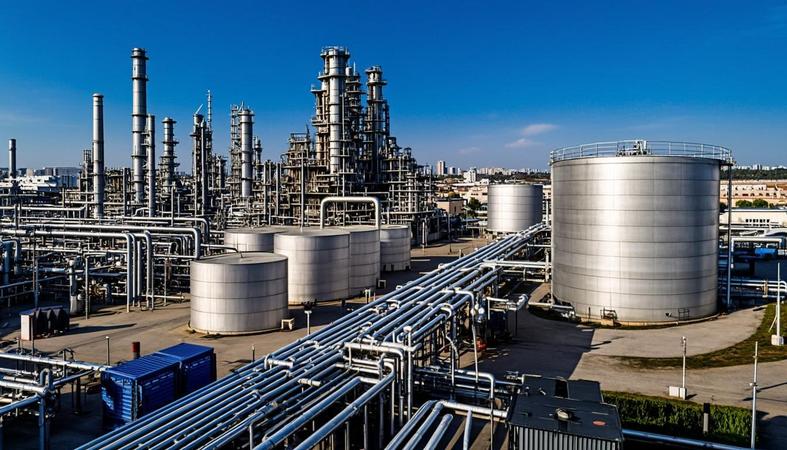Moderne Methanol-Chemiewerk in der Türkei mit Lagertanks und Rohrleitungssystemen