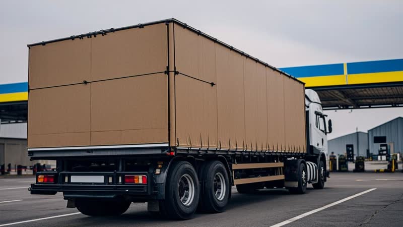 Cargo trucks transporting MDF wood panels across the Poland-Ukraine border