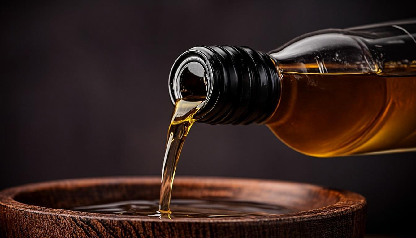 Premium Turkish extra virgin olive oil being poured from dark glass bottle
