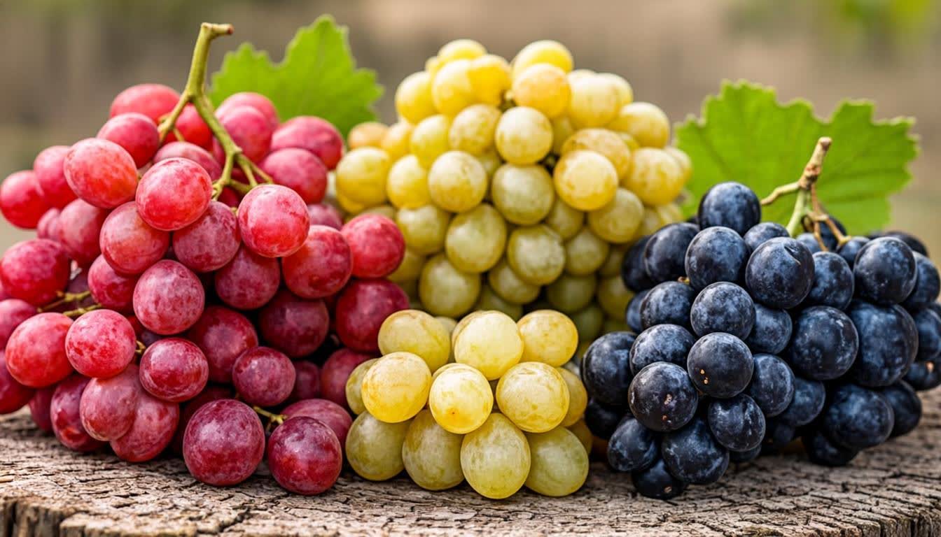 Selection of fresh grape varieties on display - red green and black table grapes