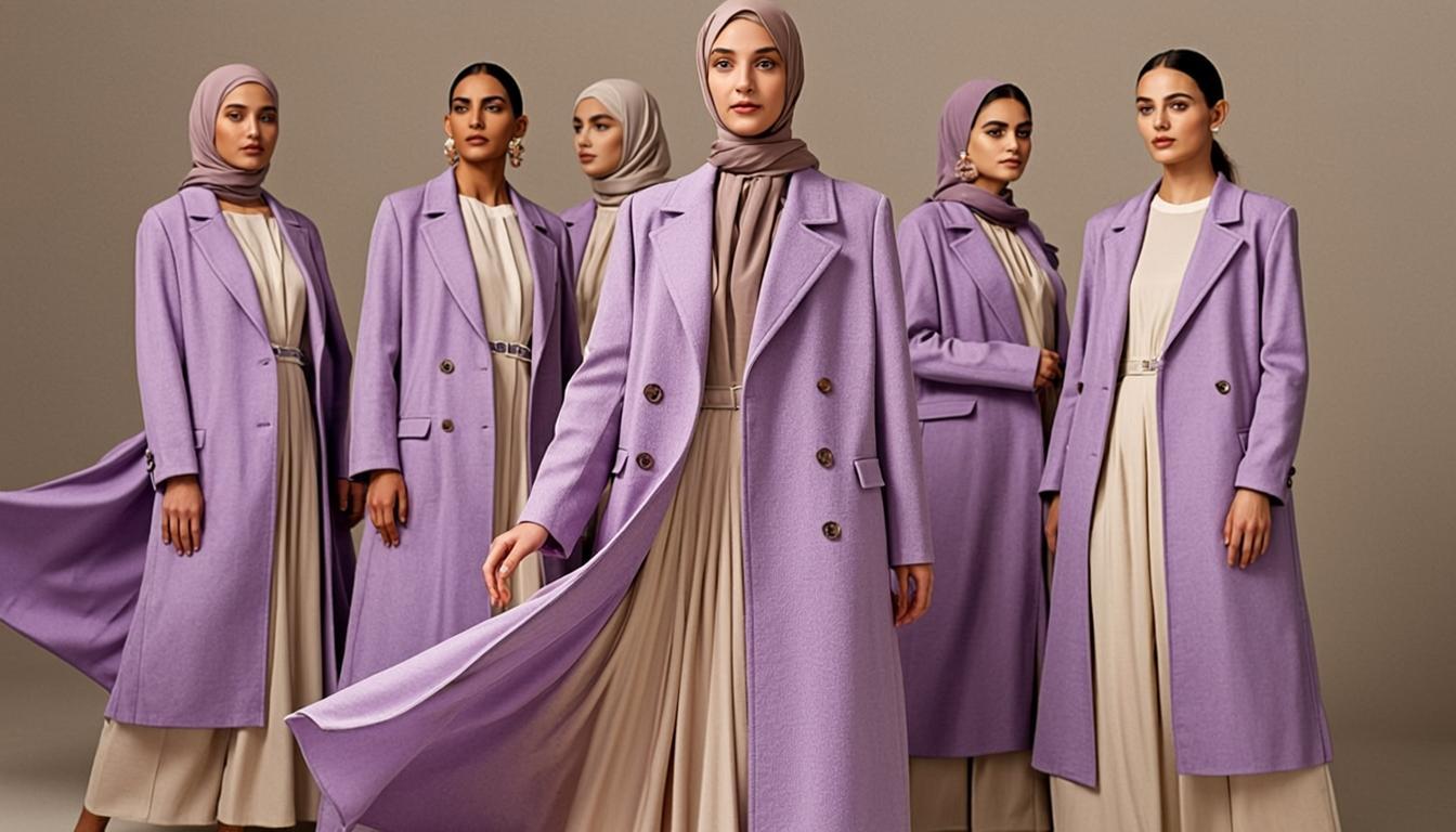 2026 tesettür giyim trendleri: pastel tonlarda uzun kabanlar, akıcı elbiseler, modern başörtüsü kombinleri ve minimalist aksesuarlarla gösterişli bir kadınsı stil