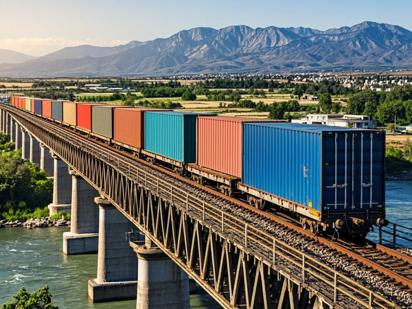 Railway freight train with cargo containers for intermodal transport