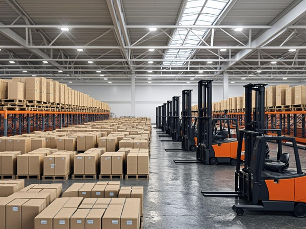 Modern logistics warehouse with organized distribution center operations