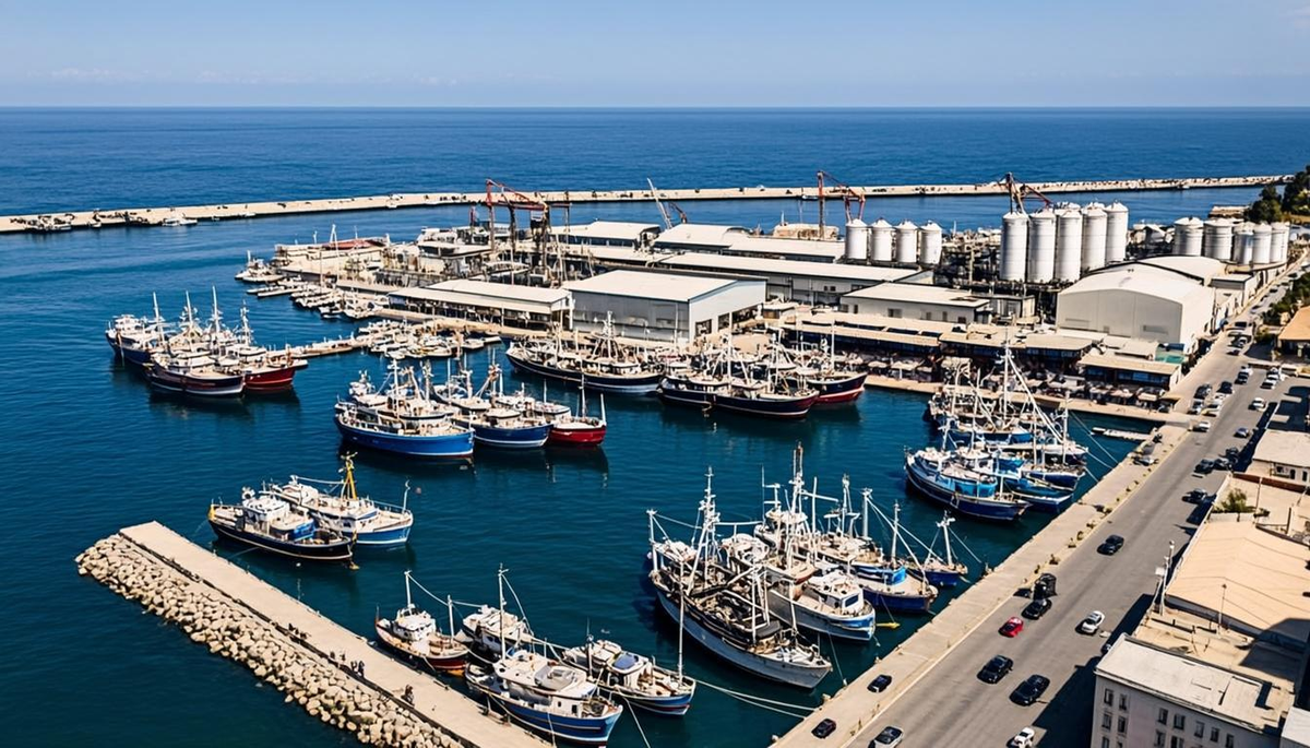 Aerial view of a Spanish Mediterranean fishing port with vessels and seafood processing facilities