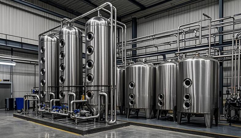 Industrial ethanol alcohol production facility with distillation tanks