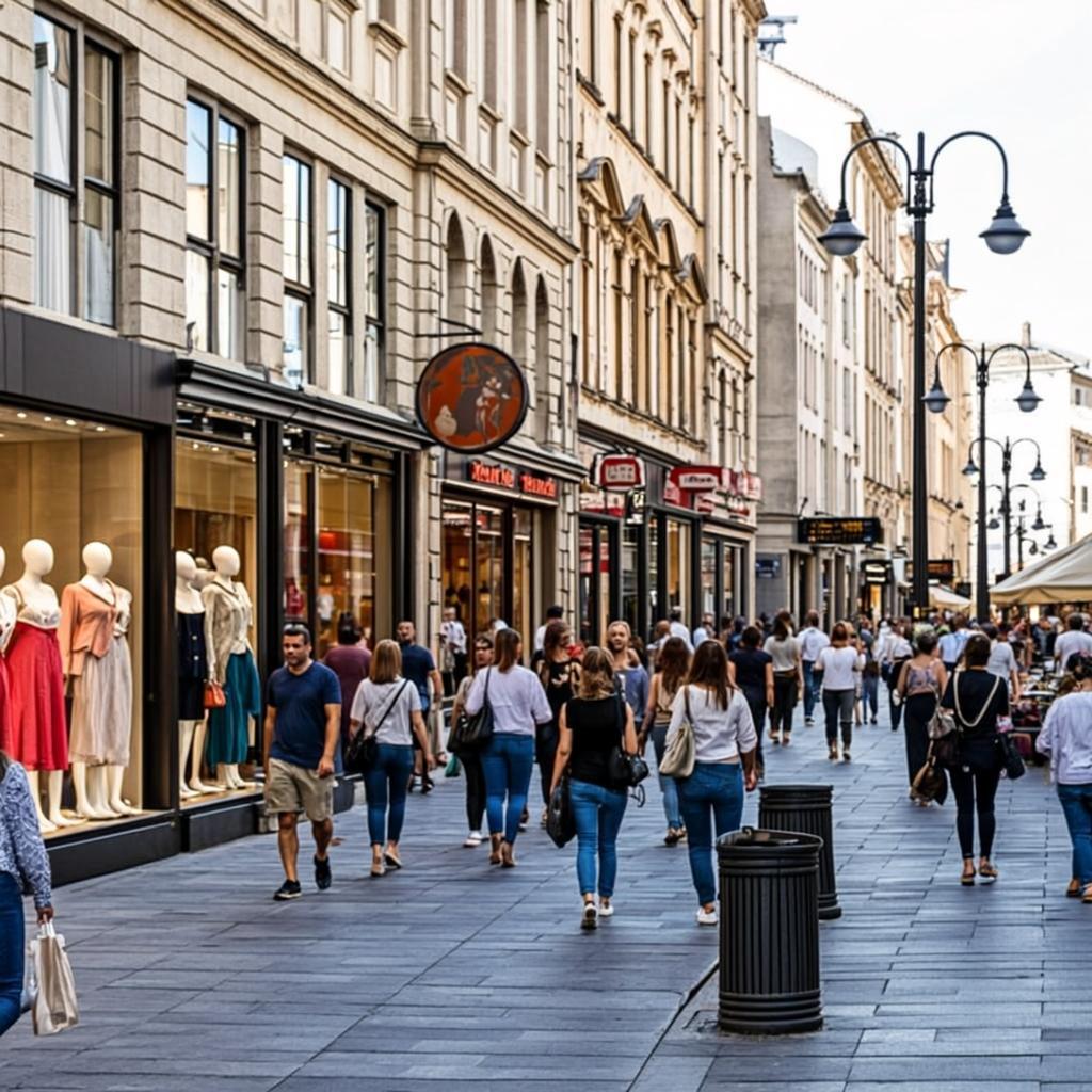 Kyiv city shopping district with clothing stores and fashion boutiques in Ukraine