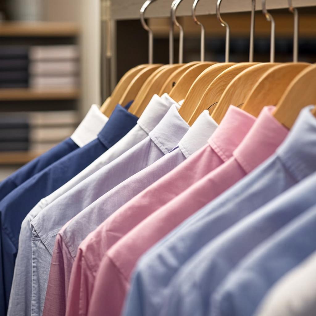 Men's dress shirts displayed in a retail clothing store, popular fashion apparel imported to Ukraine